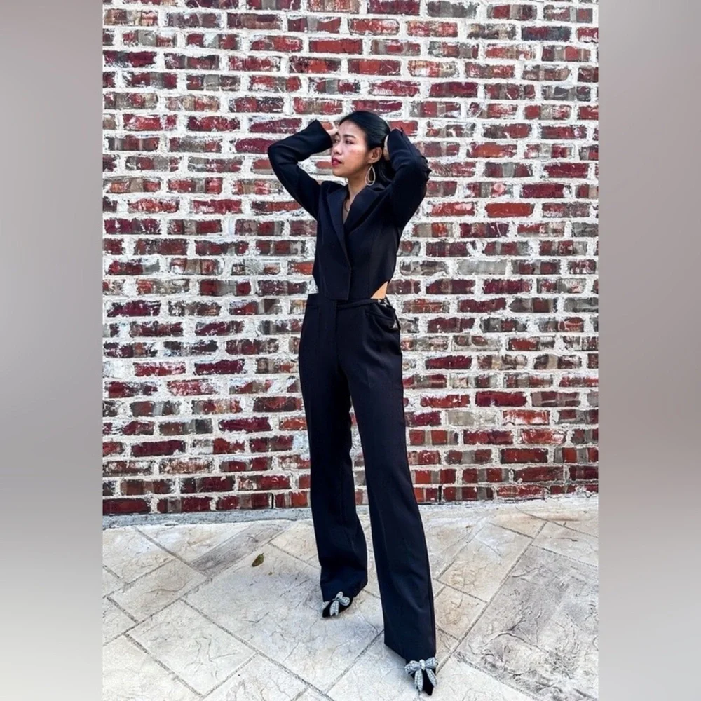ZARA ~ BLACK CUT-OUT FULL LENGTH JUMPSUIT BLAZER - Picture 11 of 15